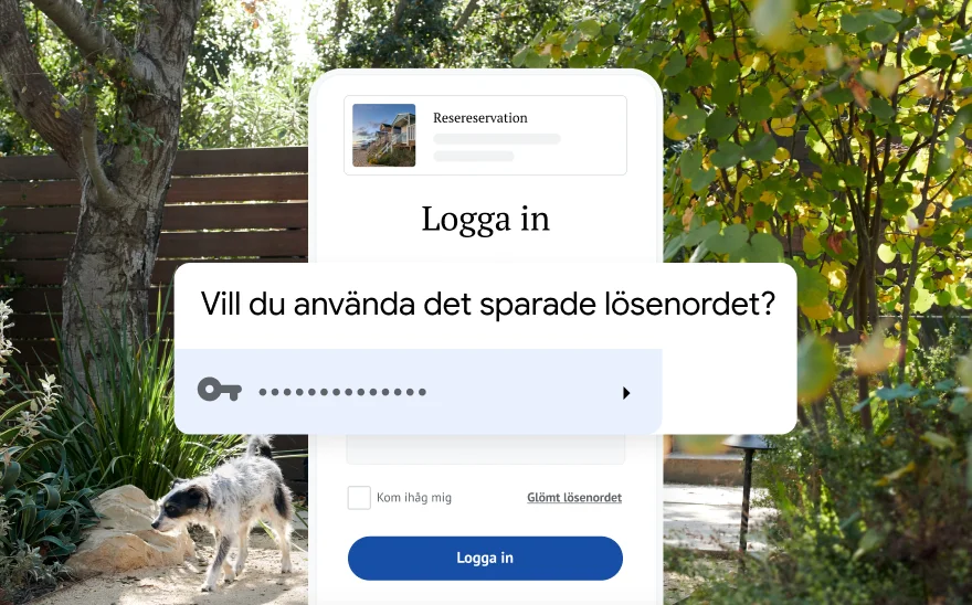 En inloggningssida för en resebokning som ber att få använda ett sparat lösenord. I bakgrunden syns natur.