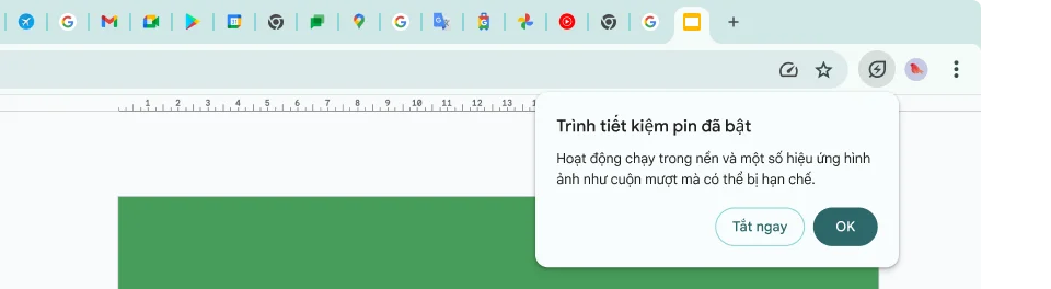 Một con trỏ nhấp vào biểu tượng Trình tiết kiệm pin, cho biết rằng hoạt động trong nền và một số hiệu ứng hình ảnh đã được hạn chế để tiết kiệm bộ nhớ.