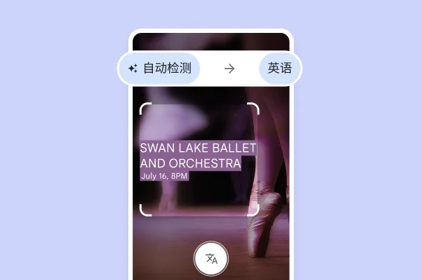 网站上显示了踮着脚的芭蕾舞鞋，以及翻译后的文字：“Swan Lake ballet and Orchestra, July 16, 8pm”（7 月 16 日晚上 8 点，天鹅湖芭蕾舞与管弦乐演出）