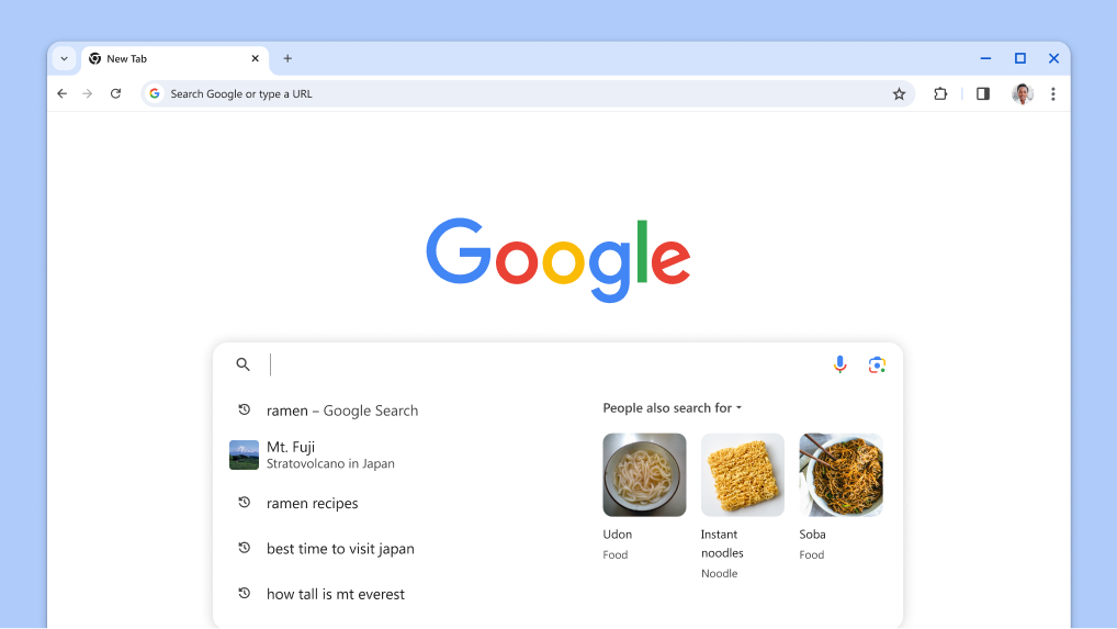 The cursor is shown in the search box with automatically loaded past searches and related topics.