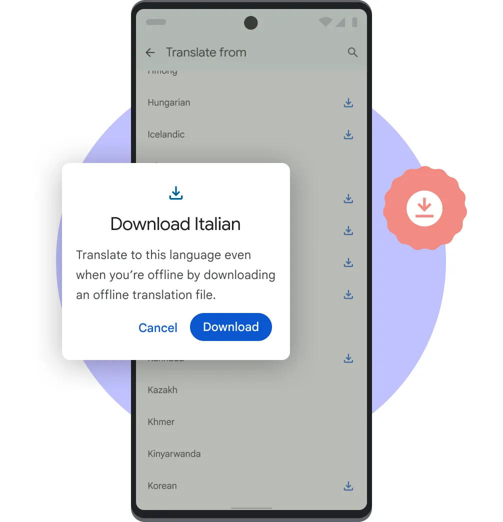 Pixel phone showing Translate's Offline Download function with supporting icons and illustrated shapes