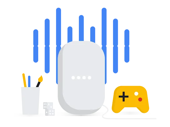 Illustration of a pen holder, Google Nest, and game controller in front of vertical lines