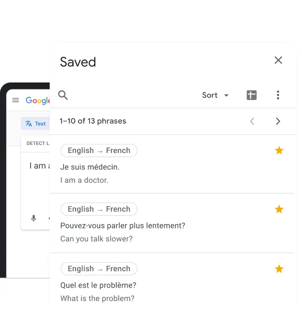 Illustrated laptop showing Translate's Phrasebook function with supporting icons and illustrated shapes